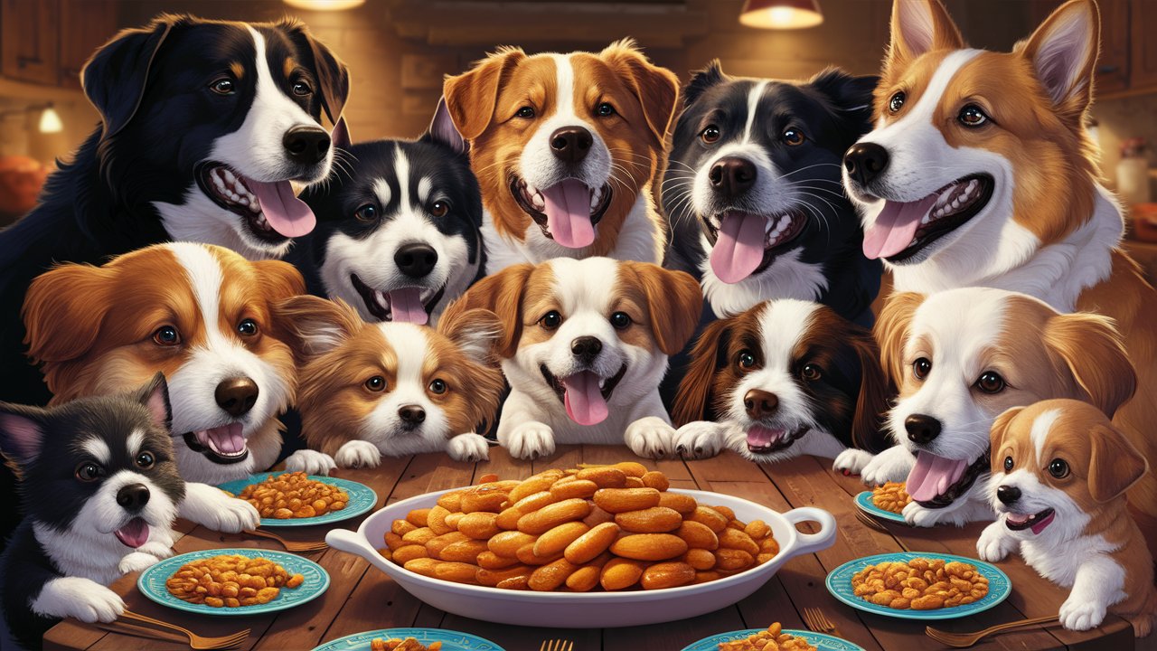 A Charming Illustration Of A Diverse Group Of Playing Dogs Eat Butter Beans