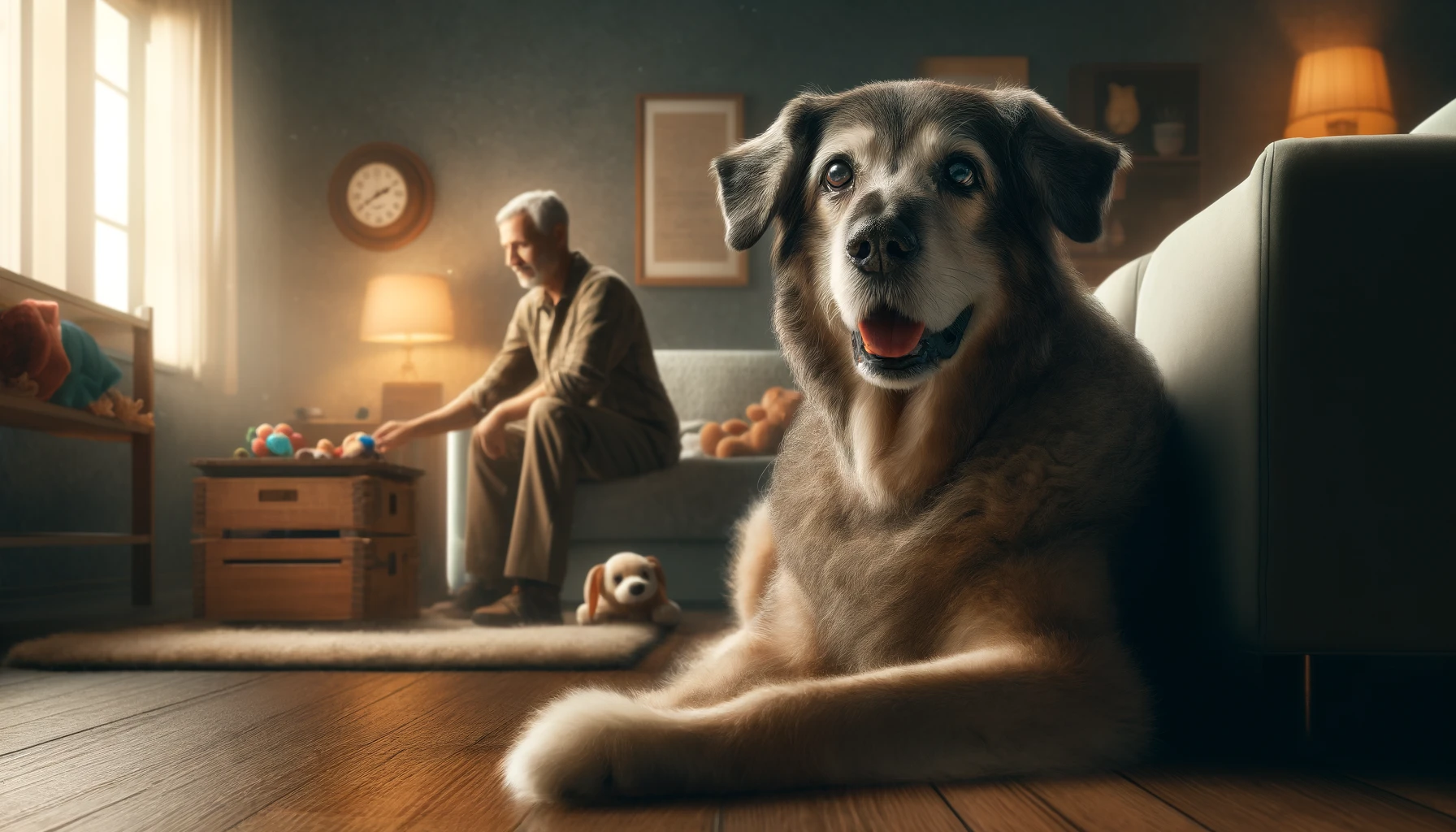 The Image Depicts A Tranquil Scene Emphasizing The Theme Of 'caring For Older Dogs An Experienced Dog Dad.' In The Foreground, An Older, Wise Looking
