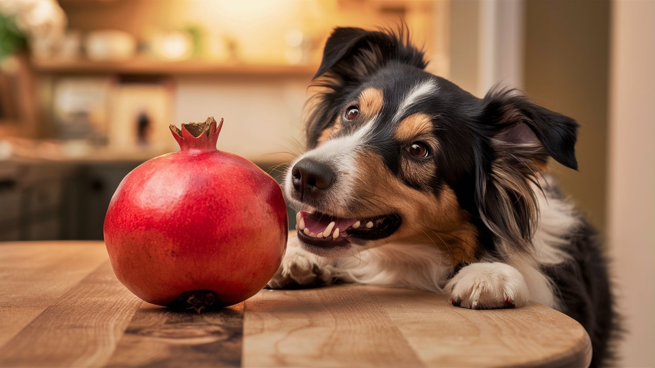 A Charming Image Of A Happy Curious Dog Gently Sniffing A Pomegranate