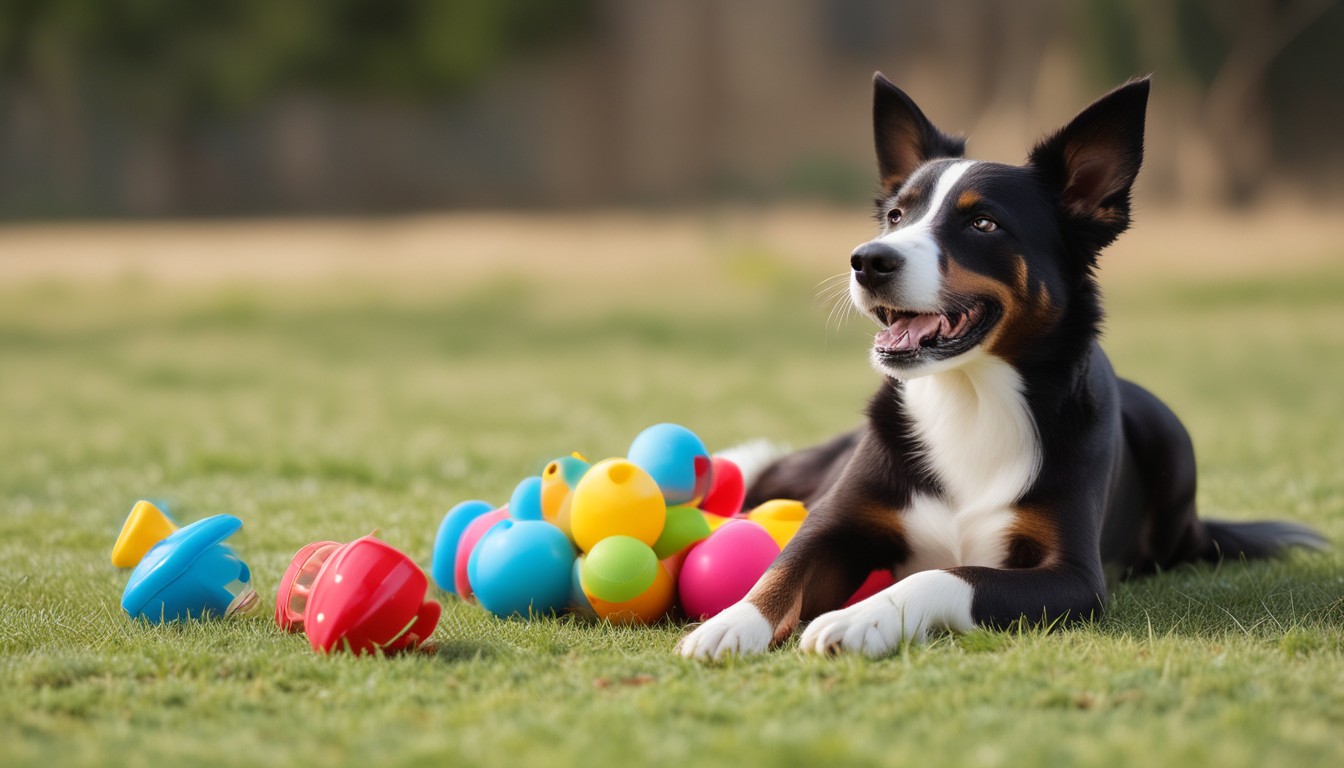 A Happy Dog Enthusiastically Licking A Colorful, Textured Toy