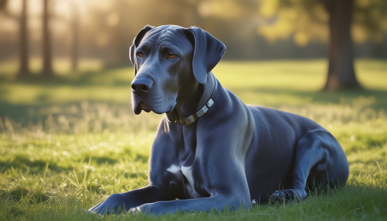 A Majestic Blue Great Dane Standing Tall In A Sunlit Field, Showcasing Its Striking Blue Coat And Gentle Expression